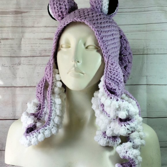 Crochet Octopus Hat Adult Size in Lavender and White